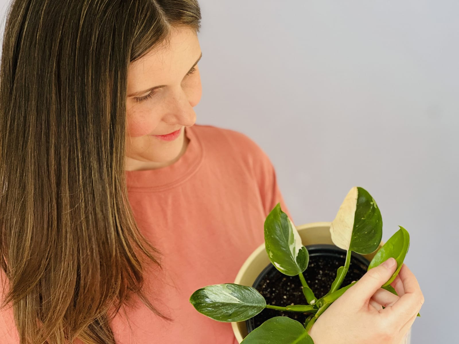 MJ smiling down at a variegated pothos in a cream pot