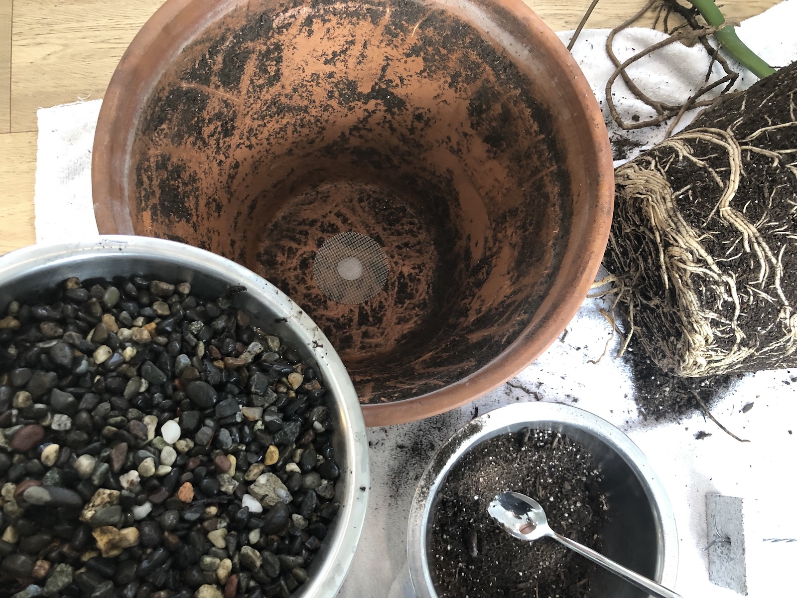 planter with drainage hole and mesh and gravel